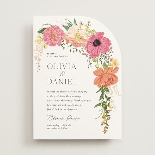 This is a tropical foil stamped wedding invitations with foil pressed by Susan Moyal called timeless blooms printing on signature in standard