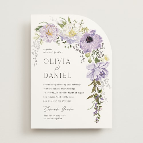 This is a wisteria foil stamped wedding invitations with foil pressed by Susan Moyal called timeless blooms printing on signature in standard