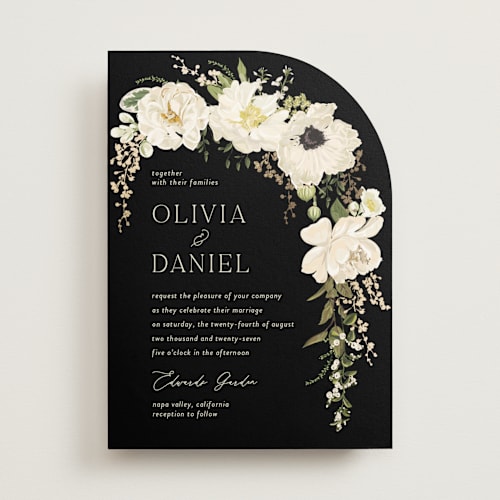 This is a tuxedo foil stamped wedding invitations with foil pressed by Susan Moyal called timeless blooms printing on signature in standard