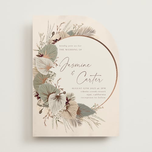 This is a dusk foil stamped wedding invitations with foil pressed by Susan Moyal called jasmine printing on signature in standard