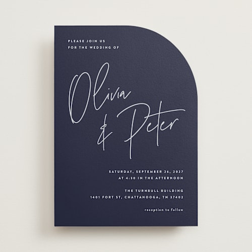 This is a navy wedding invitations with standard by JoAnn Jinks called signed printing on signature in standard