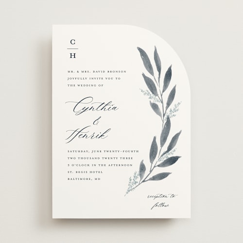 This is a indigo wedding invitations with standard by Stacey Meacham called pressed foliage printing on signature in standard