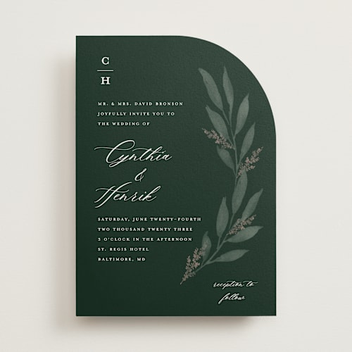 This is a night wedding invitations with standard by Stacey Meacham called pressed foliage printing on signature in standard
