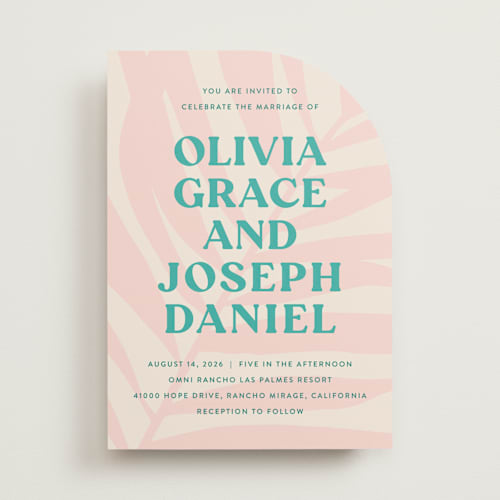 This is a flamingo wedding invitations with standard by Pixel and Hank called the palm printing on signature in standard