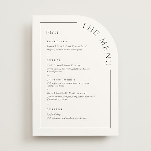 This is a tuxedo menu cards with standard by Adelyn T. called side arch printing on signature in standard