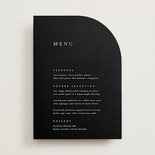 This is a midnight menu cards with standard by Kelly Schmidt called astoria printing on signature in 5x7