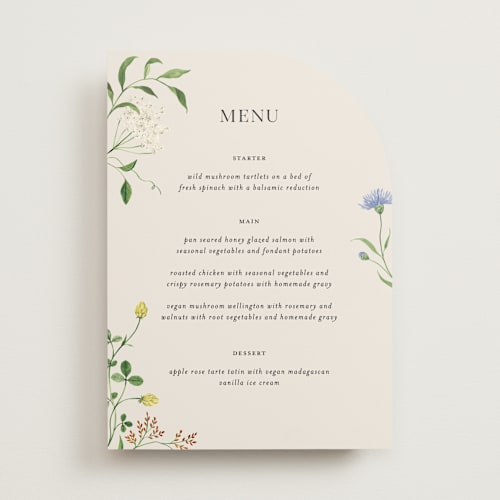 This is a elder flower menu cards with standard by Sarah Knight called wild meadow printing on signature in 5x7