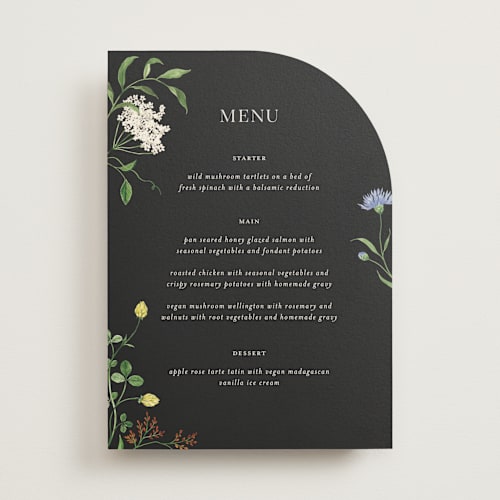 This is a onyx menu cards with standard by Sarah Knight called wild meadow printing on signature in 5x7