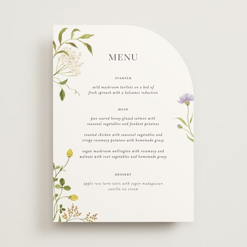 This is a persimmon menu cards with standard by Sarah Knight called wild meadow printing on signature in 5x7