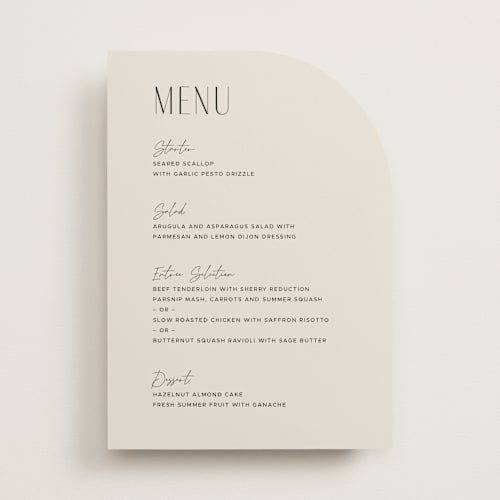 This is a linen menu cards with standard by Kelly Schmidt called arabilla overlap printing on signature in 5x7