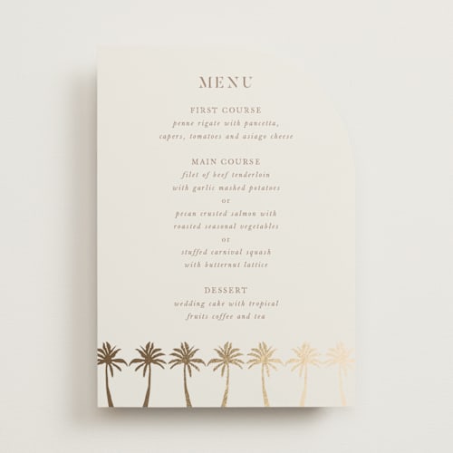 This is a tan menu cards with foil pressed by lulu and isabelle called sunset by the sea printing on signature in standard