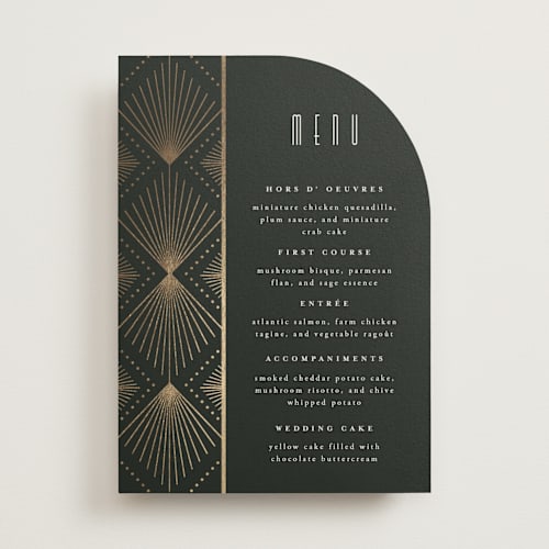 This is a onyx menu cards with foil pressed by Ana de Sousa called deco pattern printing on signature in standard