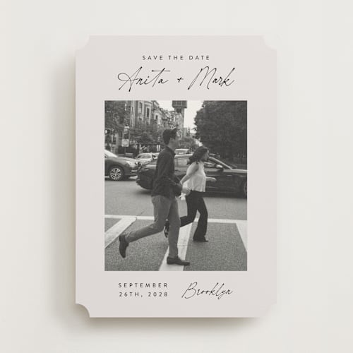 This is a eggshell save the date with standard by Paper Raven Co. called moment in time printing on recycled smooth signature in standard