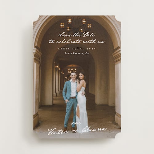 This is a ivory save the date with standard by Alethea and Ruth called celebration xo printing on recycled smooth signature in standard