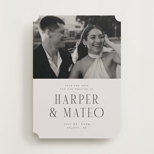 This is a sandstone save the date with standard by Nicole Walsh called close-up printing on recycled smooth signature in standard