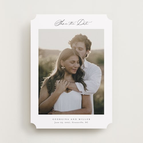 This is a cotton save the date with standard by Stacey Meacham called modern air printing on recycled smooth signature in standard