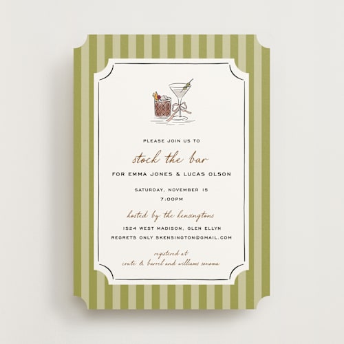 This is a olive bridal shower invitations with standard by Erin German called stock the barware printing on signature in standard