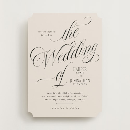 This is a linen wedding invitations with standard by Kate Ahn called mirin printing on signature in standard