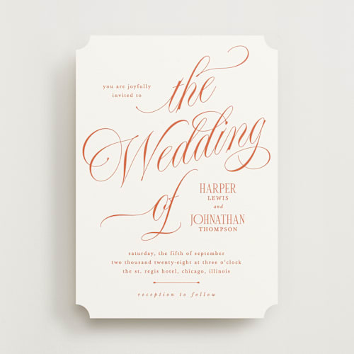 This is a sunset wedding invitations with standard by Kate Ahn called mirin printing on signature in standard