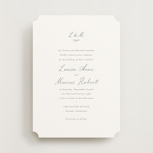 This is a sage wedding invitations with standard by Sara Hicks Malone called signature monogram printing on signature in standard