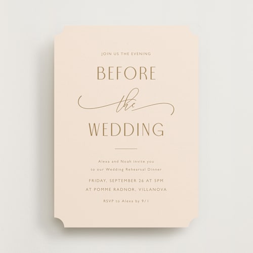 This is a champagne rehearsal dinner invitations with standard by Carolyn MacLaren called flourished rehearsal printing on signature in standard