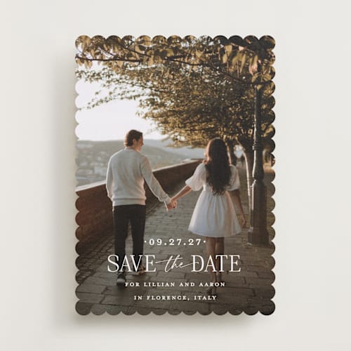 This is a powder save the date with standard by Carolyn MacLaren called together forever printing on recycled smooth signature in standard