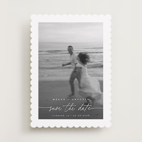 This is a ivory save the date with standard by Pippa Shaw called gaussian printing on recycled smooth signature in standard