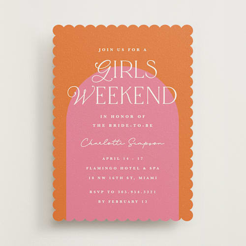 This is a tangerine bachelorette party invitations with standard by Maria Alou called color block arch printing on signature in standard
