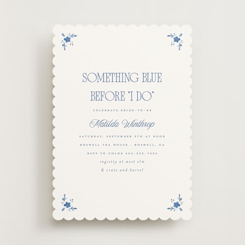 This is a porcelain bridal shower invitations with standard by Morgan Kendall called delft printing on signature in standard