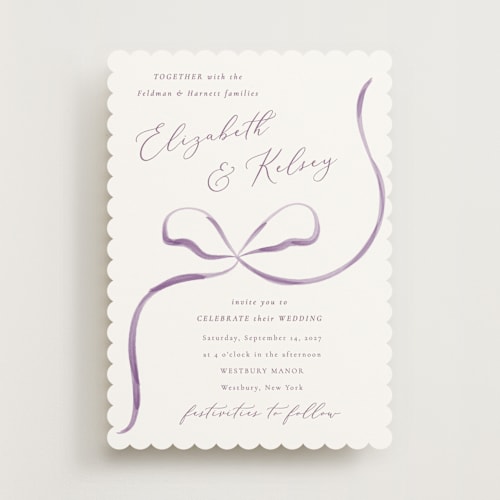 This is a lilac wedding invitations with standard by Corinne Malesic called bow printing on signature in standard