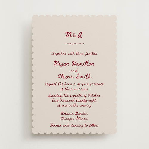 This is a wine wedding invitations with standard by Cass Loh called simple monogram printing on signature in standard