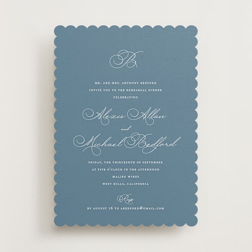 This is a porcelain rehearsal dinner invitations with standard by Jennifer Postorino called initial printing on signature in standard