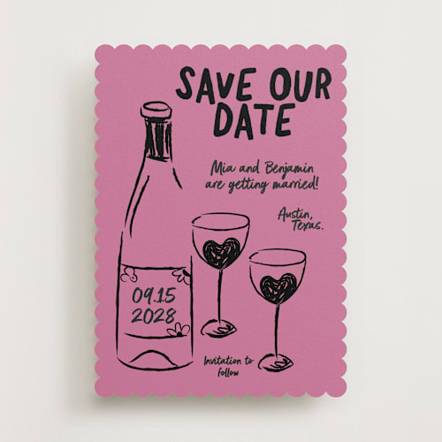 This is a pretty in pink save the date with standard by Helena Vitto called heart of glass printing on signature in standard