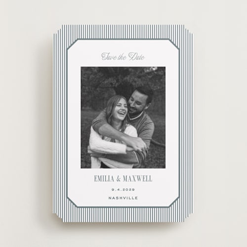 This is a capri save the date with standard by Emily Betts called modern stripes printing on recycled smooth signature in standard