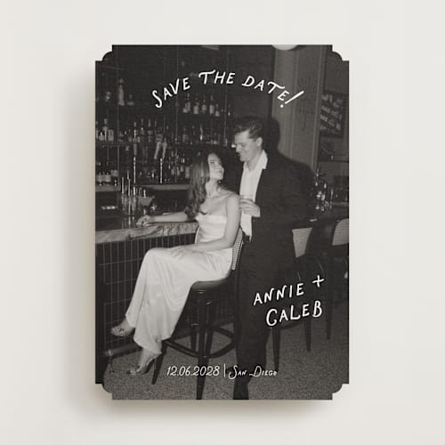 This is a ivory save the date with standard by Stephanie Heinrich Godbout called lovers printing on recycled smooth signature in standard