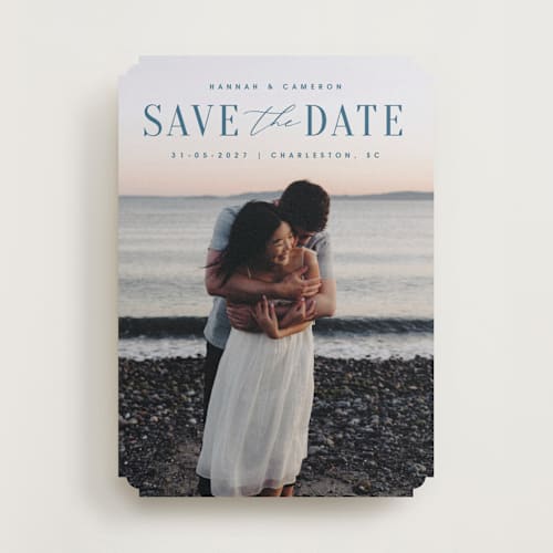 This is a ocean save the date with standard by Zani van Zyl called danielle printing on recycled smooth signature in standard