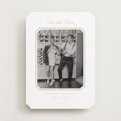 This is a mint save the date with standard by Sara Hicks Malone called montgomery printing on recycled smooth signature in standard