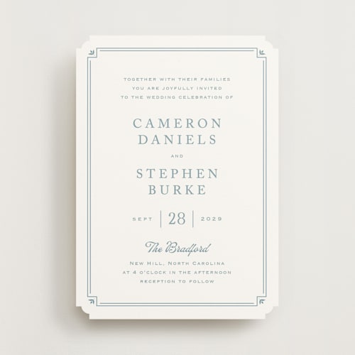 This is a french blue wedding invitations with standard by Carolyn MacLaren called fleur corner printing on signature in standard