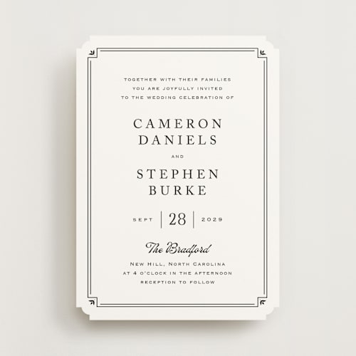 This is a tuxedo wedding invitations with standard by Carolyn MacLaren called fleur corner printing on signature in standard