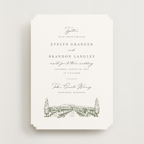 This is a olive wedding invitations with standard by Sarah Brown called vineyard printing on signature in standard