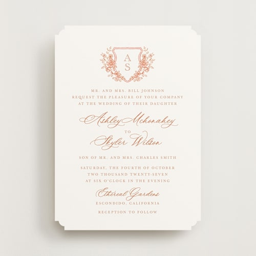 This is a coral wedding invitations with standard by Cass Loh called watercolor flowers crest printing on signature in standard