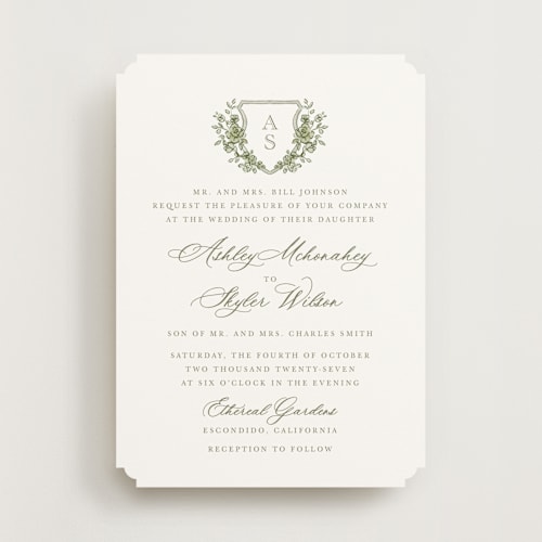 This is a moss wedding invitations with standard by Cass Loh called watercolor flowers crest printing on signature in standard
