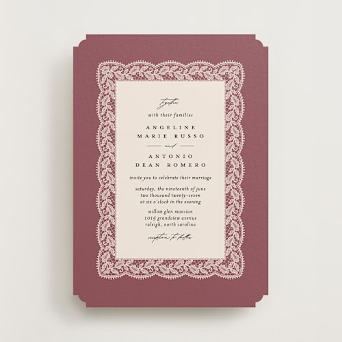 This is a mauve wedding invitations with standard by Erica Krystek called chantilly printing on signature in standard
