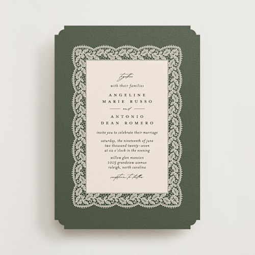 This is a olive wedding invitations with standard by Erica Krystek called chantilly printing on signature in standard