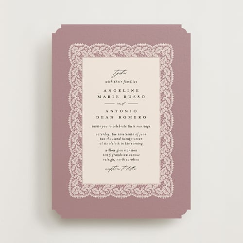 This is a dusty rose wedding invitations with standard by Erica Krystek called chantilly printing on signature in standard