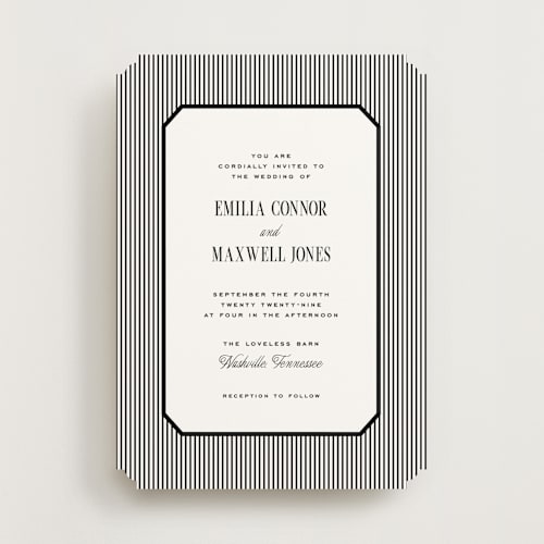 This is a noir wedding invitations with standard by Emily Betts called modern stripes printing on signature in standard