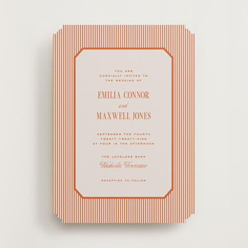 This is a apricot wedding invitations with standard by Emily Betts called modern stripes printing on signature in standard