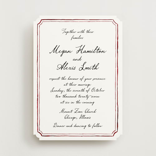 This is a wine wedding invitations with standard by Cass Loh called handwritten printing on signature in standard