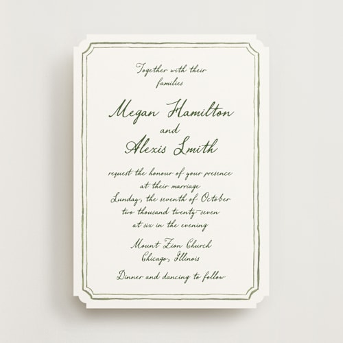 This is a moss wedding invitations with standard by Cass Loh called handwritten printing on signature in standard