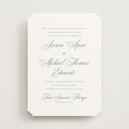 This is a dusty blue wedding invitations with standard by Jennifer Postorino called empire printing on signature in standard